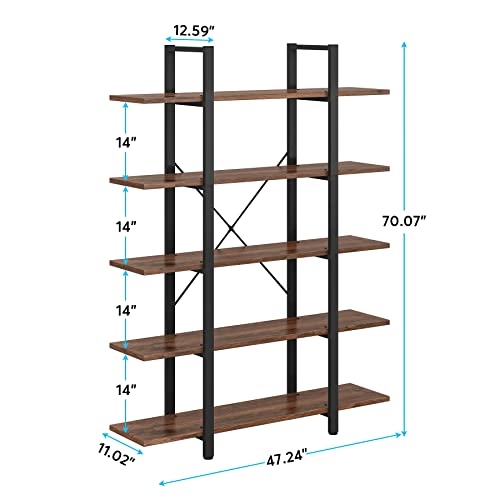 Tribesigns 5-Tier Bookshelf, Vintage Industrial Style Bookcase 72 H x 12 W x 47L Inches, Retro Brown