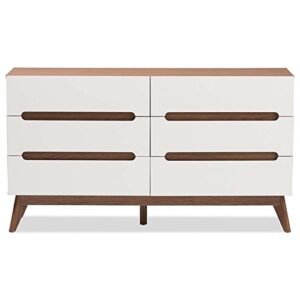 Baxton Studio Calypso 6 Drawer Double Dresser in White and Walnut