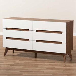 Baxton Studio Calypso 6 Drawer Double Dresser in White and Walnut