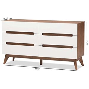 Baxton Studio Calypso 6 Drawer Double Dresser in White and Walnut