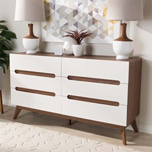 Baxton Studio Calypso 6 Drawer Double Dresser in White and Walnut