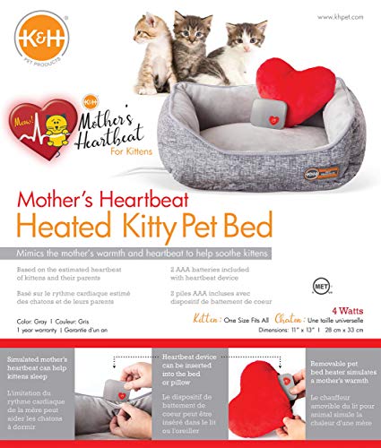 K&H PET PRODUCTS Mother's Heartbeat Heated Cat Bed with Heart Pillow Heartbeat Kitten Toy Gray 11 X 13 Inches w/Cat Heartbeat Rhythm