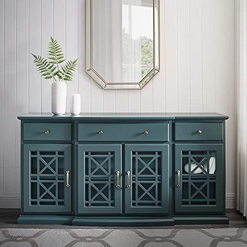 Walker Edison Modern Wood Glass Door Buffet Sideboard Living Room-Entryway Serving Storage Cabinet Doors-Dining Room Console, 60 Inch, Dark Teal