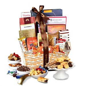 broadway basketeers condolences gourmet gift basket, kosher sympathy food gift baskets for delivery, perfect care package box or assorted snack gifts for bereavement, loss, funeral, or shiva