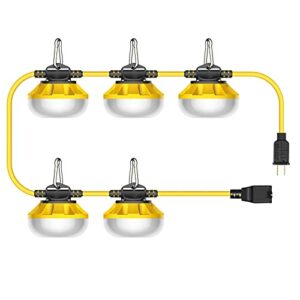 construction lights string temporary lighting – 50ft work light stringer with 5 integrated jobsite led lights, 5000lm super bright led work lights carabiner hooks included-5 lights