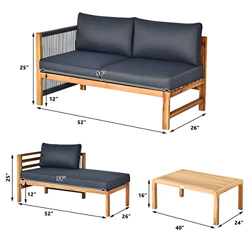 Tangkula L Shape Outdoor Furniture Set, 3 Piece Acacia Wood Patio Conversation Set, with 2 loveseats and Coffee Table, Garden Backyard Poolside Patio Seating Set