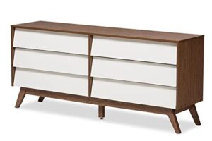 baxton studio hildon modern 6-drawer storage dresser mid-century/particle board/mdf with pu paper/white/walnut brown
