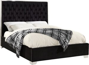 meridian furniture lexi collection modern | contemporary velvet upholstered bed with deep tufting, polished chrome stainless steel frame and legs, queen, black