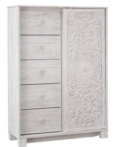 signature design by ashley paxberry boho 5 drawer dressing chest with slider door & 3 adjustable shelves, whitewash