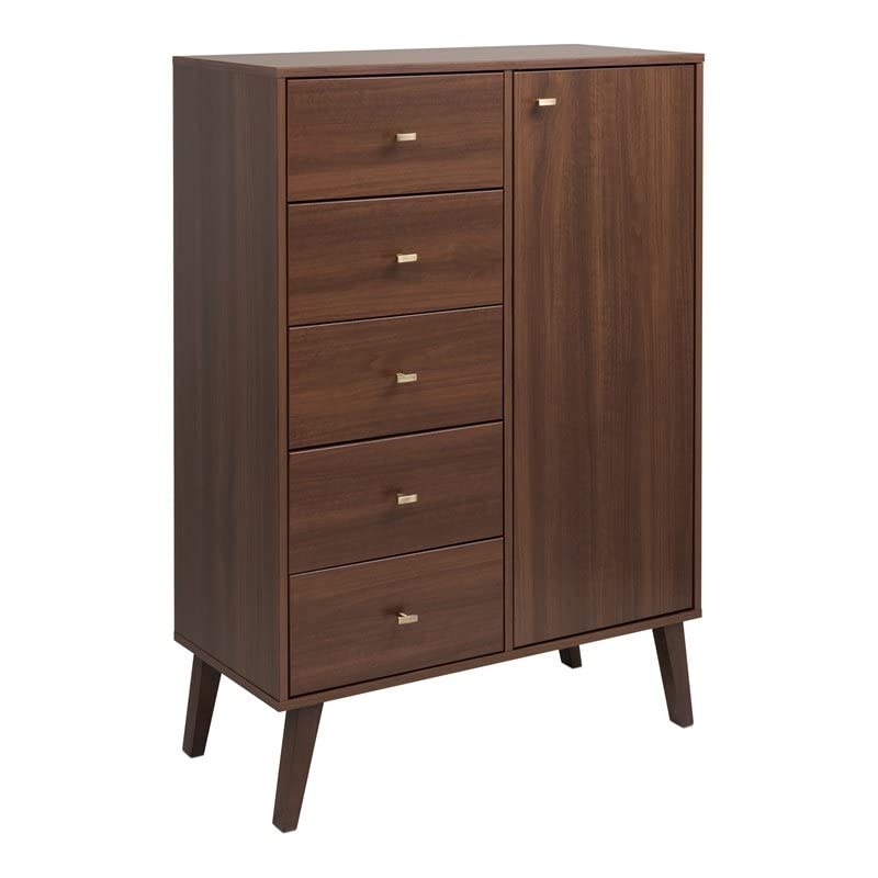 Prepac Milo Mid-Century 5 Drawer Combo Chest with Door, 16" D x 34.5" W x 49" H, Cherry