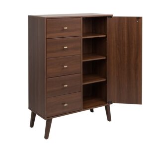 Prepac Milo Mid-Century 5 Drawer Combo Chest with Door, 16" D x 34.5" W x 49" H, Cherry