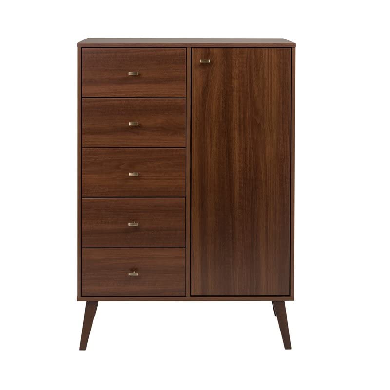 Prepac Milo Mid-Century 5 Drawer Combo Chest with Door, 16" D x 34.5" W x 49" H, Cherry