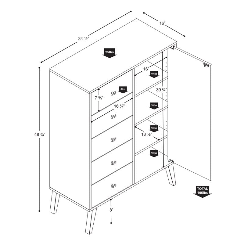 Prepac Milo Mid-Century 5 Drawer Combo Chest with Door, 16" D x 34.5" W x 49" H, Cherry