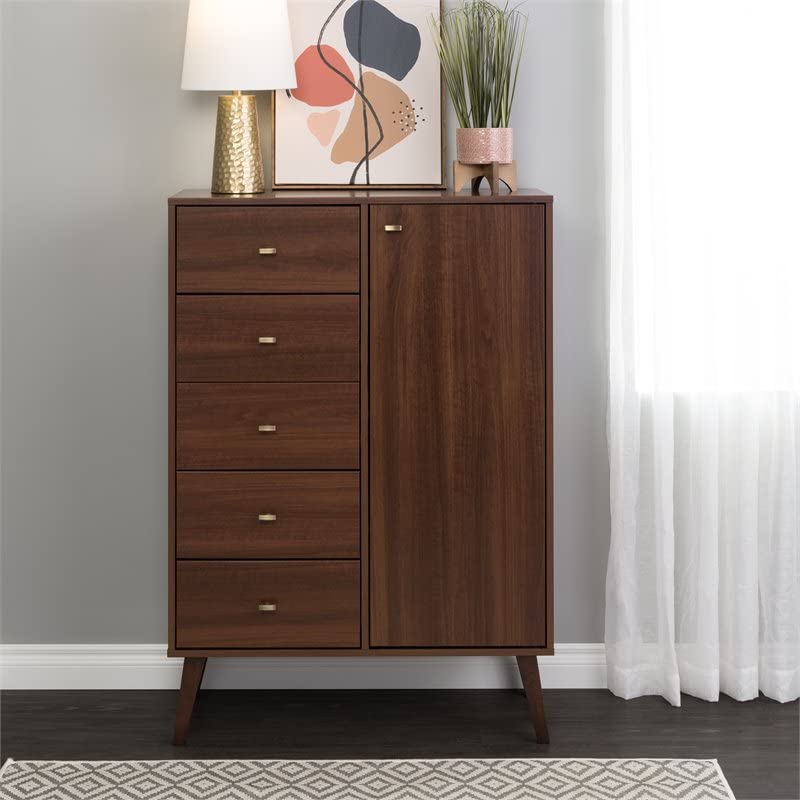 Prepac Milo Mid-Century 5 Drawer Combo Chest with Door, 16" D x 34.5" W x 49" H, Cherry