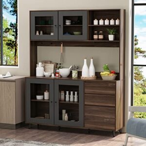 AIEGLE Large Kitchen Hutch Cabinet, Storage Cupboard Pantry with 4 Doors, 4 Drawers & Microwave Shelf, for Kitchen Storage, Dark Walnut (63" L x 15.7" W x 74.8" H)