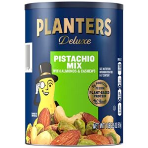 planters deluxe pistachio mix, 1.15 lb. resealable canister – deluxe pistachio mix: pistachios, almonds & cashews roasted in peanut oil with sea salt – kosher, savory snack