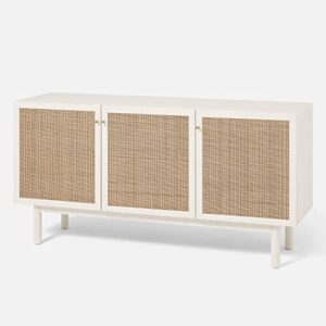 mopio Hannah Sideboard Storage Cabinet, Natural Rattan Farmhouse Kitchen Cabinet, Buffet Cabinet with Storage, Credenza, with Adjustable Shelves, for Dining Room, Living Room, Kitchen, Whitewash