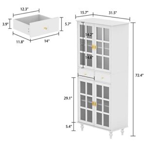 ECACAD 4-Tier Tall Bookcase Storage Cabinet with 4 Glass Doors & 2 Drawers, Wooden Bookshelf Display Cabinet for Living Room, Office, White (31.5”L x 15.7”W x 72.4”H)