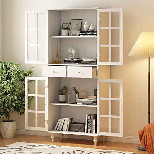 ECACAD 4-Tier Tall Bookcase Storage Cabinet with 4 Glass Doors & 2 Drawers, Wooden Bookshelf Display Cabinet for Living Room, Office, White (31.5”L x 15.7”W x 72.4”H)