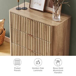 mopio Brooklyn Mid-Century Modern Dresser/Credenza, Waveform Panel with Sleek Curved Profile with Aluminum Handle 3-Drawers for Bedroom/Living Room, Sturdy Anti-Tipping Base (Golden Oak, Dresser)