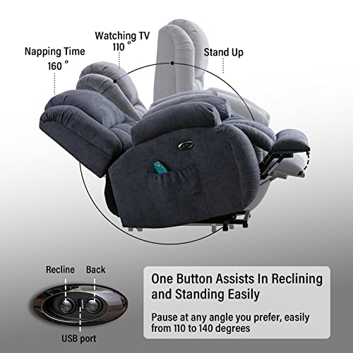 Dreamsir Electric Power Lift Recliner Chair, Fabric Oversized Chair with Massage and Heat for Elderly, Modern Single Sofa Home Theater Seat, USB Ports, Grey