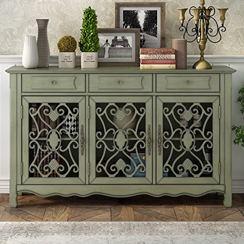 Retro Style Sideboard Console Table, Free Standing Kitchen Storage Sideboard Dining Buffet Server Cabinet, 59.8'' Console Table Sofa Table 3 Drawers, 3 Cabinets and Adjustable Shelves (Green + MDF)