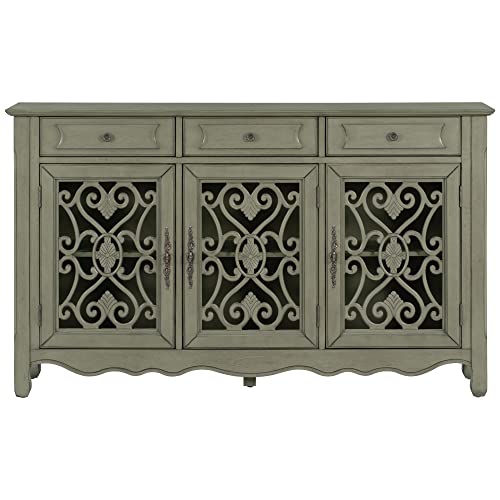 Retro Style Sideboard Console Table, Free Standing Kitchen Storage Sideboard Dining Buffet Server Cabinet, 59.8'' Console Table Sofa Table 3 Drawers, 3 Cabinets and Adjustable Shelves (Green + MDF)