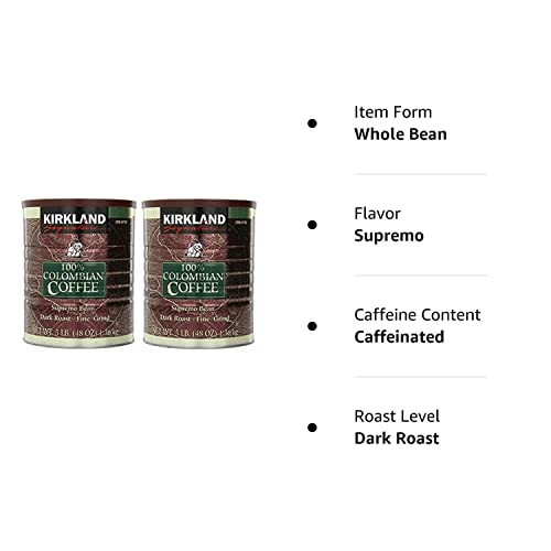 Kirkland Signature Signature Swa 100% Colombian Coffee, Supremo Bean Dark Roast-Fine Grind, 3 Pound (2 Cans)