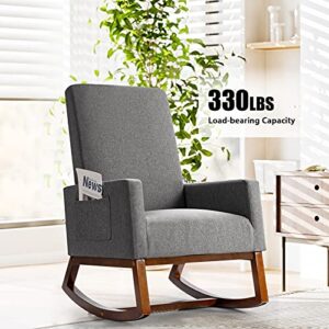 Giantx Upholstered Rocking Chair, Modern Fabric Armchair w/Wood Base, Side Pocket, Linen Padded Seat, High Back Accent Glider Rocker Chair, Mid-Century Leisure Chair for Nursery, Living Room (Gray)