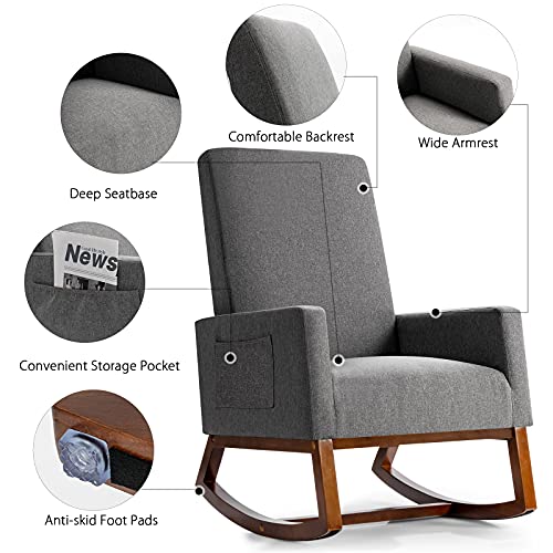 Giantx Upholstered Rocking Chair, Modern Fabric Armchair w/Wood Base, Side Pocket, Linen Padded Seat, High Back Accent Glider Rocker Chair, Mid-Century Leisure Chair for Nursery, Living Room (Gray)