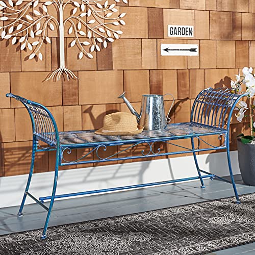 Safavieh PAT5002C Outdoor Collection Hadley Victorian Antique Bench, Mossy Blue