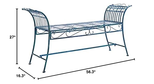 Safavieh PAT5002C Outdoor Collection Hadley Victorian Antique Bench, Mossy Blue