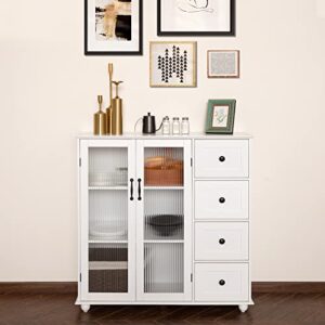 Scurrty Coffee Bar Cabinet Buffet Sideboard Table with Storage, Glass Display Cabinet, 4 Drawers & 2 Doors Kitchen Cupboard, Storage Organizer for Dining Room, Living Room, Entryway, etc (White)