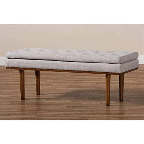 Baxton Studio Rika Mid-Century Modern Greyish Beige Fabric Upholstered Walnut Brown Finished Boomerang Bench