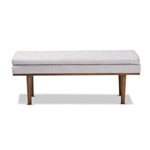 Baxton Studio Rika Mid-Century Modern Greyish Beige Fabric Upholstered Walnut Brown Finished Boomerang Bench