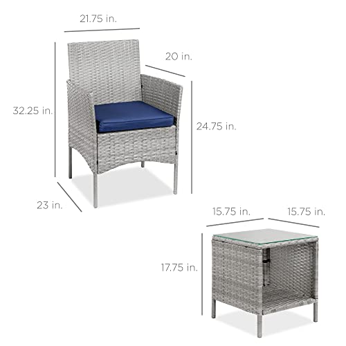 Best Choice Products 3-Piece Outdoor Wicker Conversation Bistro Set, Space Saving Patio Furniture for Yard, Garden w/ 2 Chairs, 2 Cushions, Side Storage Table - Gray/Navy