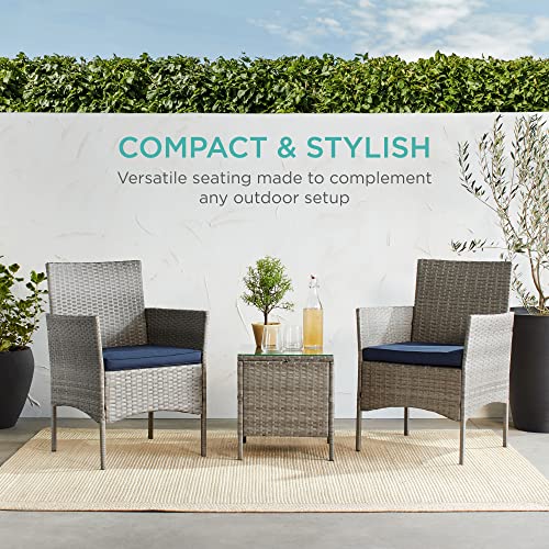 Best Choice Products 3-Piece Outdoor Wicker Conversation Bistro Set, Space Saving Patio Furniture for Yard, Garden w/ 2 Chairs, 2 Cushions, Side Storage Table - Gray/Navy