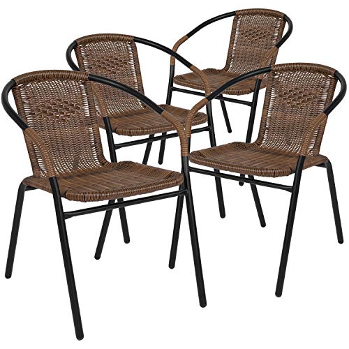 Flash Furniture 4 Pack Medium Brown Rattan Indoor-Outdoor Restaurant Stack Chair