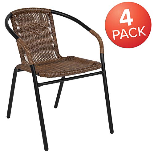 Flash Furniture 4 Pack Medium Brown Rattan Indoor-Outdoor Restaurant Stack Chair