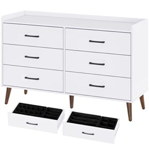 rolanstar drawer dresser-tool free quick install, 6 drawers storage dresser with foldable drawer dividers, modern chest of drawer, white（tool free except drawer handle and foot）