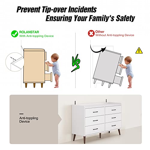 Rolanstar Drawer Dresser-Tool Free Quick Install, 6 Drawers Storage Dresser with Foldable Drawer Dividers, Modern Chest of Drawer, White（Tool Free Except Drawer Handle and Foot）