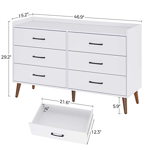 Rolanstar Drawer Dresser-Tool Free Quick Install, 6 Drawers Storage Dresser with Foldable Drawer Dividers, Modern Chest of Drawer, White（Tool Free Except Drawer Handle and Foot）