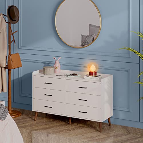 Rolanstar Drawer Dresser-Tool Free Quick Install, 6 Drawers Storage Dresser with Foldable Drawer Dividers, Modern Chest of Drawer, White（Tool Free Except Drawer Handle and Foot）