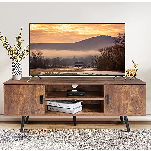 Iwell Mid-Century Modern TV Stand for 55 Inch TV, Entertainment Center TV Console with 2 Storage Cabinet and Shelves, TV Stand for Living Room/Bedroom, Rustic Brown