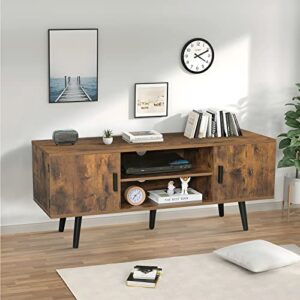 Iwell Mid-Century Modern TV Stand for 55 Inch TV, Entertainment Center TV Console with 2 Storage Cabinet and Shelves, TV Stand for Living Room/Bedroom, Rustic Brown