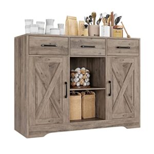 hostack modern farmhouse buffet cabinet with storage, barn doors sideboard buffet storage cabinet with drawers and shelves, wood coffee bar cabinet for kitchen, dining room, living room, ash grey