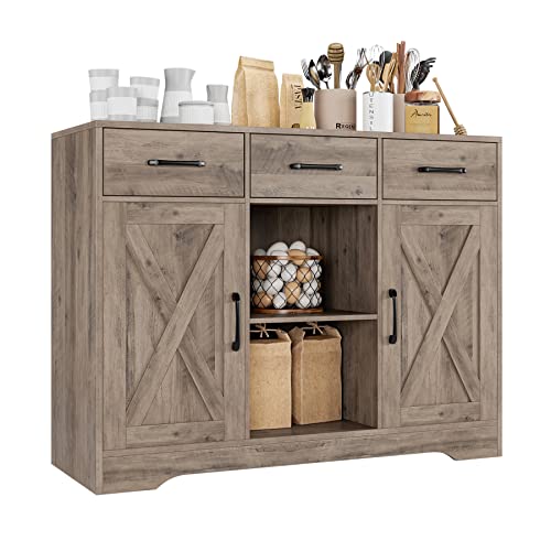 HOSTACK Modern Farmhouse Buffet Cabinet with Storage, Barn Doors Sideboard Buffet Storage Cabinet with Drawers and Shelves, Wood Coffee Bar Cabinet for Kitchen, Dining Room, Living Room, Ash Grey