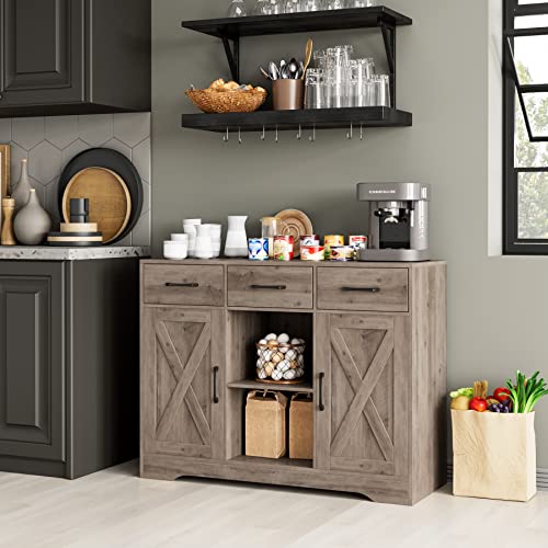 HOSTACK Modern Farmhouse Buffet Cabinet with Storage, Barn Doors Sideboard Buffet Storage Cabinet with Drawers and Shelves, Wood Coffee Bar Cabinet for Kitchen, Dining Room, Living Room, Ash Grey