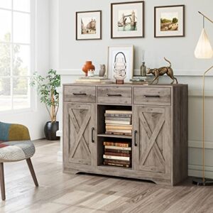 HOSTACK Modern Farmhouse Buffet Cabinet with Storage, Barn Doors Sideboard Buffet Storage Cabinet with Drawers and Shelves, Wood Coffee Bar Cabinet for Kitchen, Dining Room, Living Room, Ash Grey