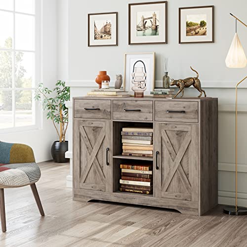 HOSTACK Modern Farmhouse Buffet Cabinet with Storage, Barn Doors Sideboard Buffet Storage Cabinet with Drawers and Shelves, Wood Coffee Bar Cabinet for Kitchen, Dining Room, Living Room, Ash Grey